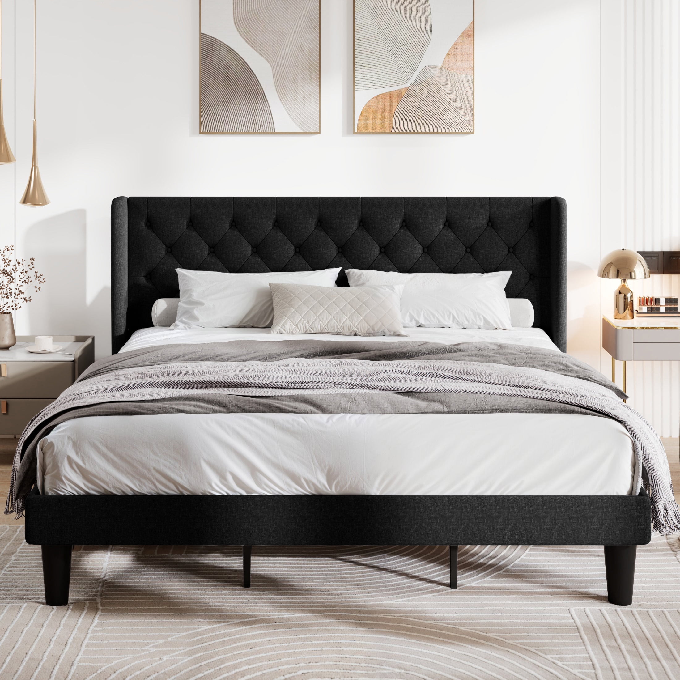Allewie King Size Bed Frame with Upholstered Platform, Wingback and ...
