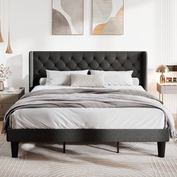 Allewie King Size Upholstered Platform Bed Frame with Fabric Wingback Button Tufted Headboard, Dark Grey