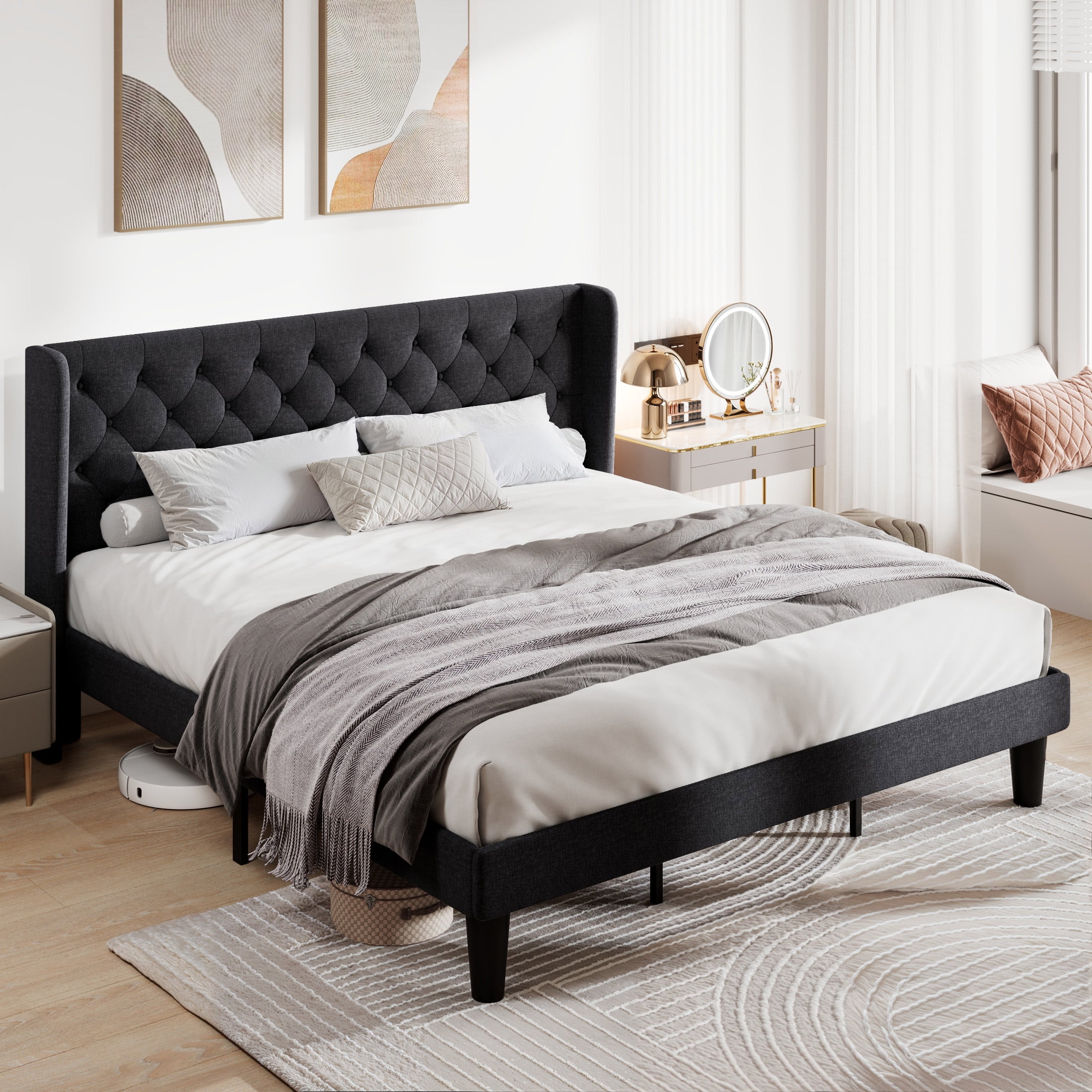 Allewie King Size Upholstered Platform Bed Frame with Wingback and ...