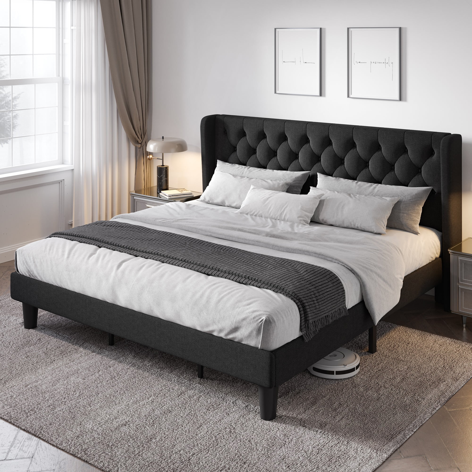Allewie King Size Upholstered Platform Bed Frame with Wingback and