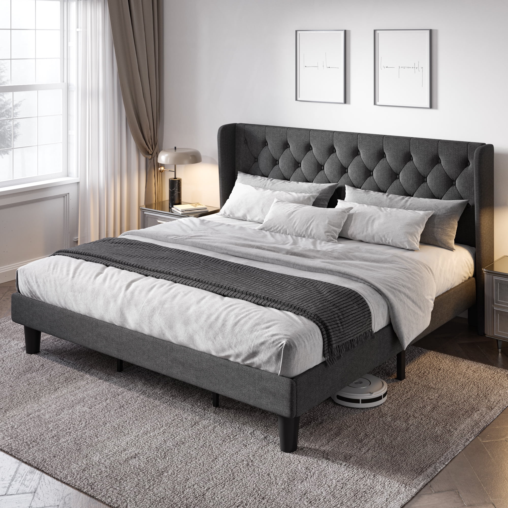 Allewie King Size Upholstered Platform Bed Frame with Wingback and