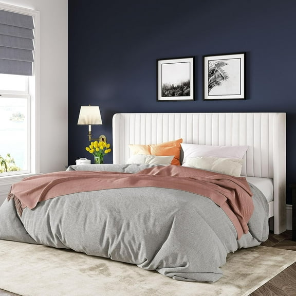 Allewie King Size Velvet Bed Frame/Vertical Channel Tufted Wingback Headboard/Upholstered Platform Bed/Strong Wooden Slats/No Box Spring Needed/Easy Assembly/White
