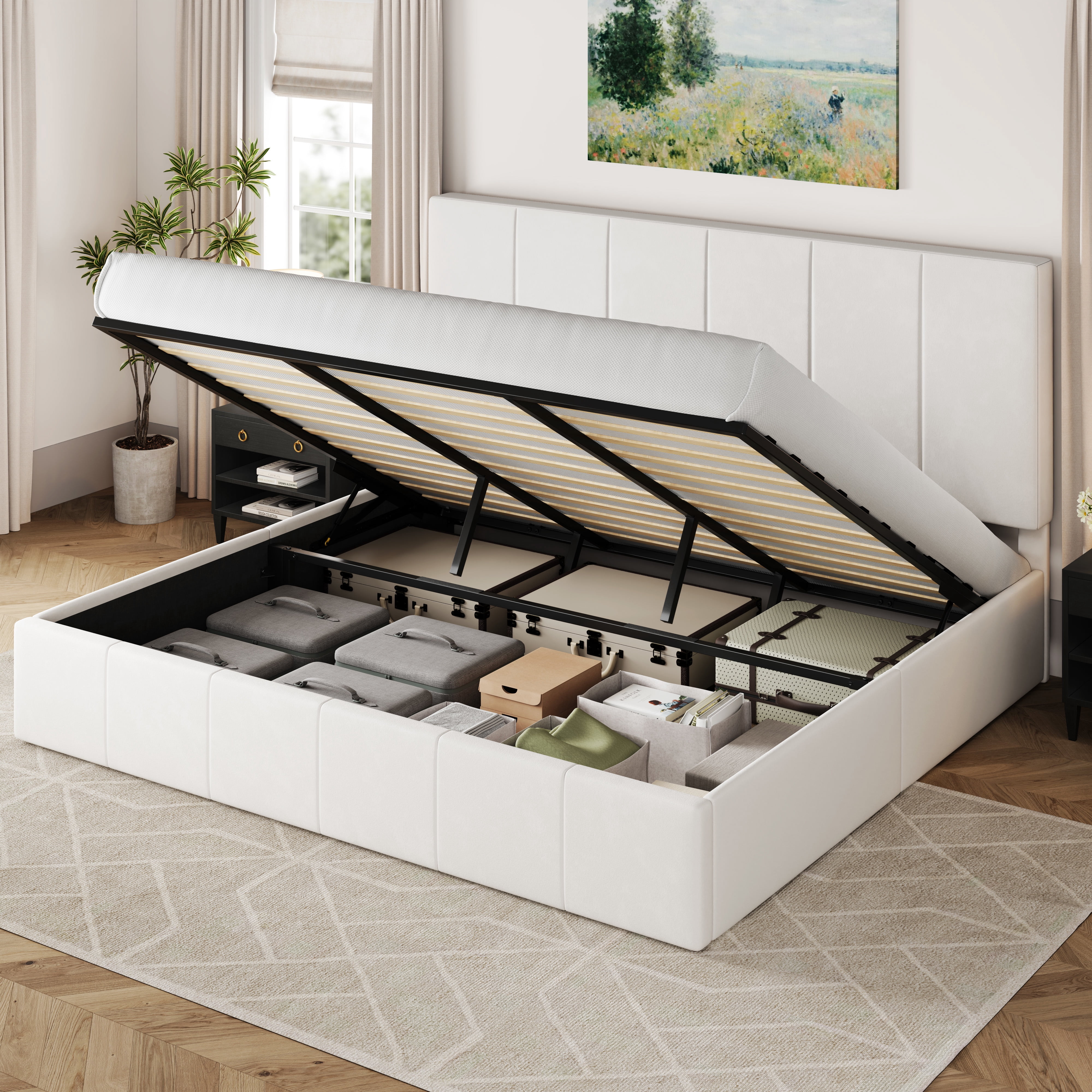 Allewie King Size Velvet Lift Up Storage Bed Frame, Vertical Channel ...