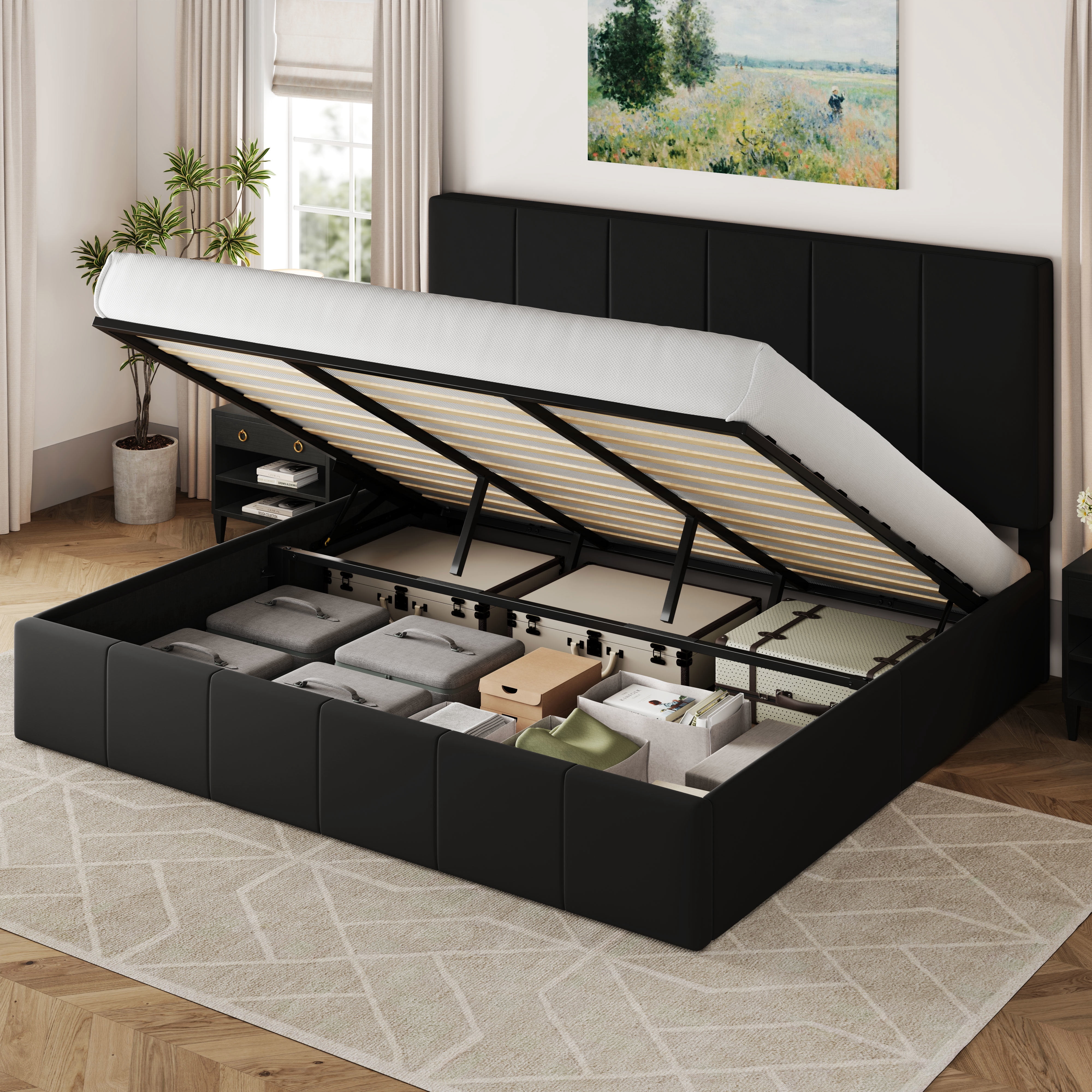 Allewie King Size Velvet Lift Up Storage Bed Frame, Vertical Channel ...