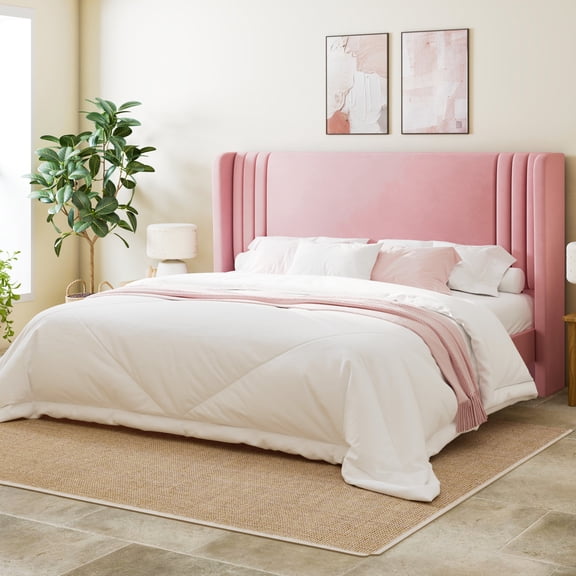 Allewie King Size Velvet Platform Bed Frame with Vertical Tufted Wingback Headboard, Easy Assembly, Under Bed Storage, No Box Spring Required, Modern Style, Pink