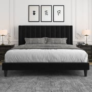 Allewie King Size Velvet Upholstered Bed Frame with Vertical Channel Tufted Headboard, Black