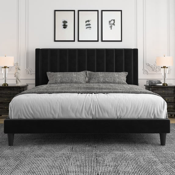 Allewie King Size Velvet Upholstered Bed Frame with Vertical Channel Tufted Headboard, Black