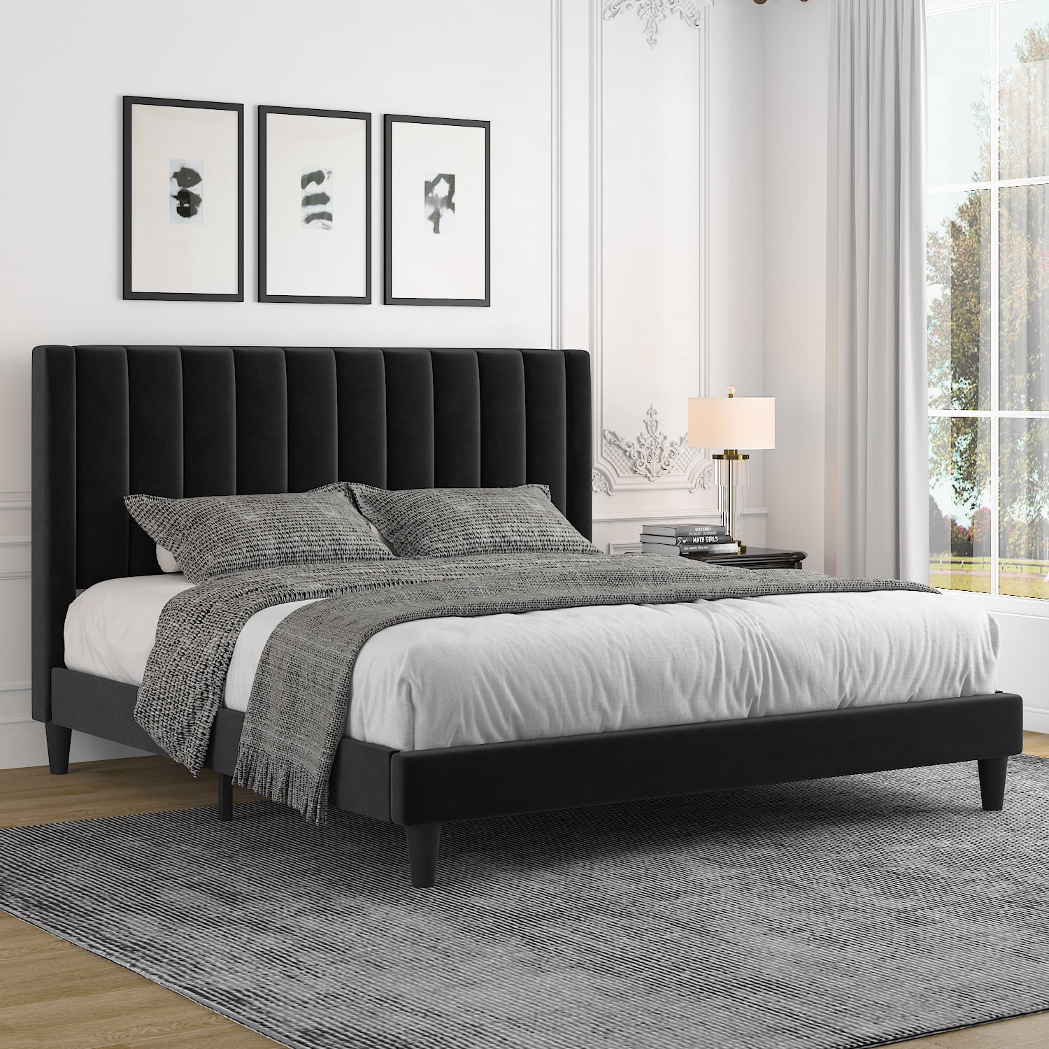 Allewie King Size Velvet Upholstered Bed Frame with Vertical Channel Tufted Headboard, Black