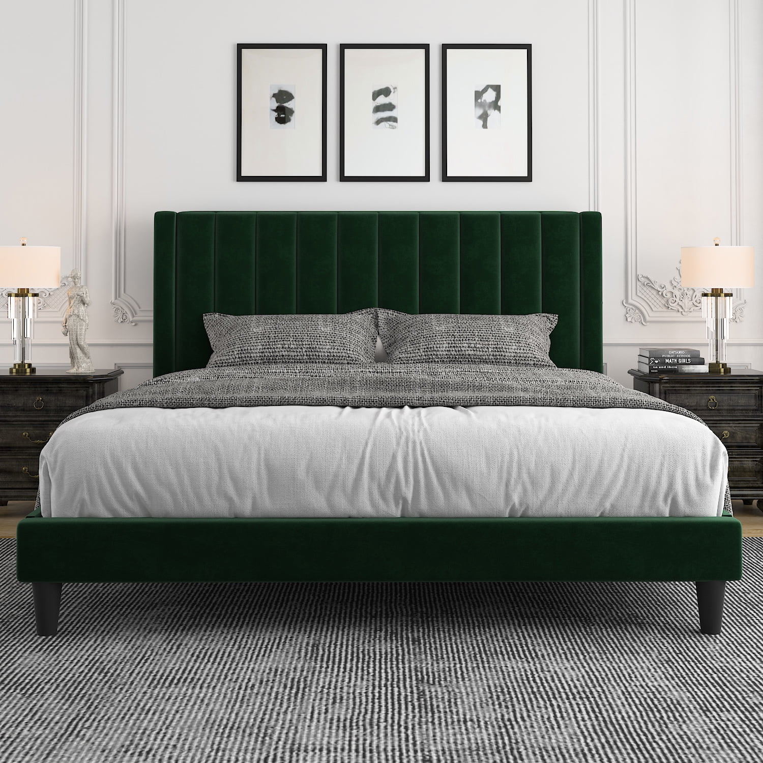 Allewie King Size Velvet Upholstered Bed Frame with Vertical Channel Tufted Headboard, Green