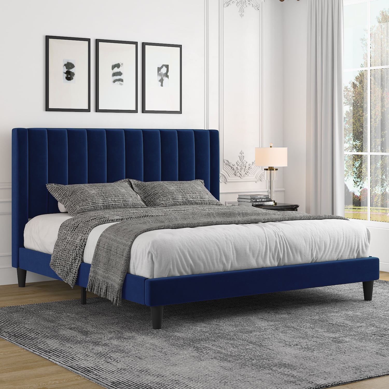 Allewie King-Size Bed Frame with Velvet Fabric, Navy Blue Upholstery ...