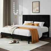 Allewie King Size Velvet Upholstered Platform Bed Frame with Adjustable Vertical Channel Tufted Headboard, Black