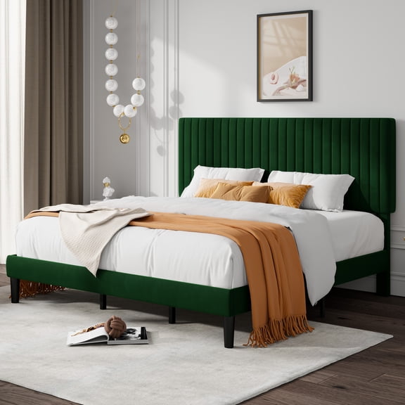 Allewie King Size Velvet Upholstered Platform Bed Frame with Adjustable Vertical Channel Tufted Headboard, Green