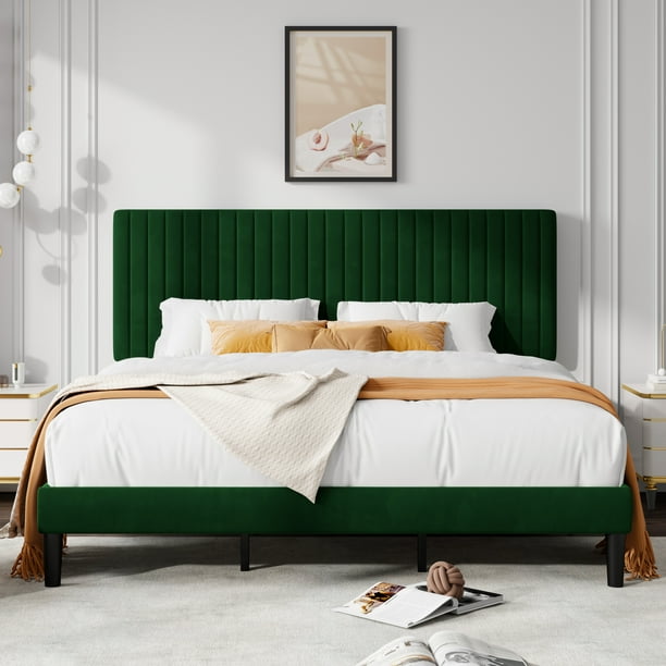 Allewie King Size Velvet Upholstered Platform Bed Frame with Adjustable