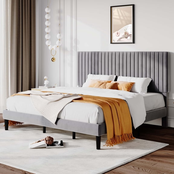 Allewie King Size Velvet Upholstered Platform Bed Frame with Adjustable Vertical Channel Tufted Headboard, Grey