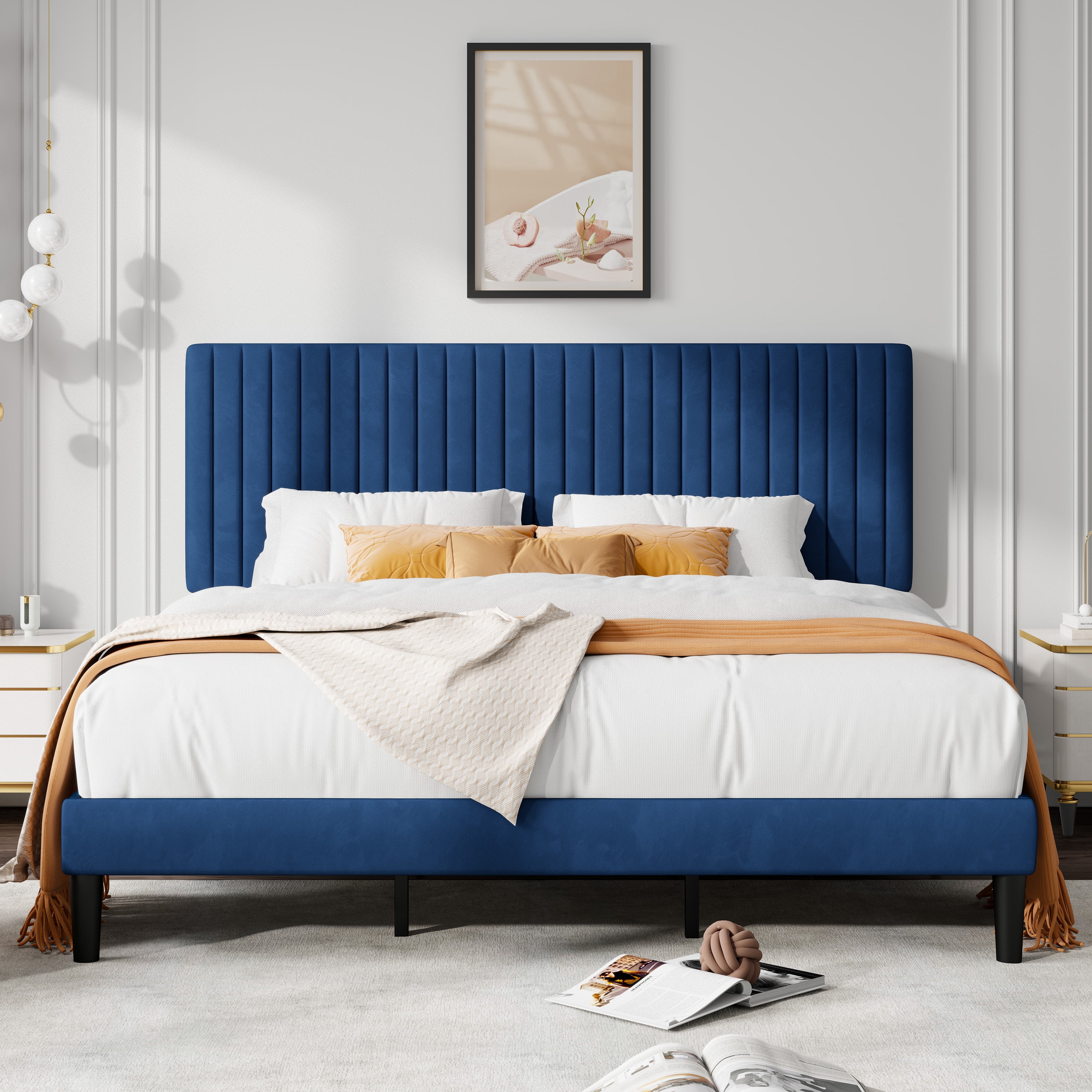 Allewie King Size Velvet Upholstered Platform Bed Frame with Adjustable ...