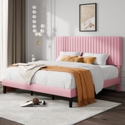Allewie King Size Velvet Upholstered Platform Bed Frame with Adjustable Vertical Channel Tufted Headboard, Pink