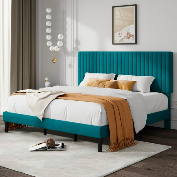 Allewie King Size Velvet Upholstered Platform Bed Frame with Adjustable Vertical Channel Tufted Headboard, Teal Blue