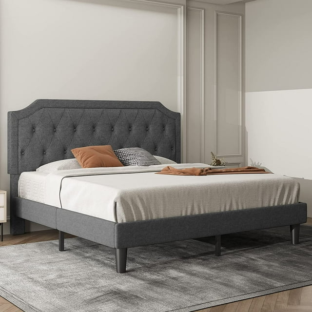 Allewie King Upholstered Platform Bed Frame with Diamond Button Tufted Headboard,Sturdy Wood Slat Support，Dark Grey
