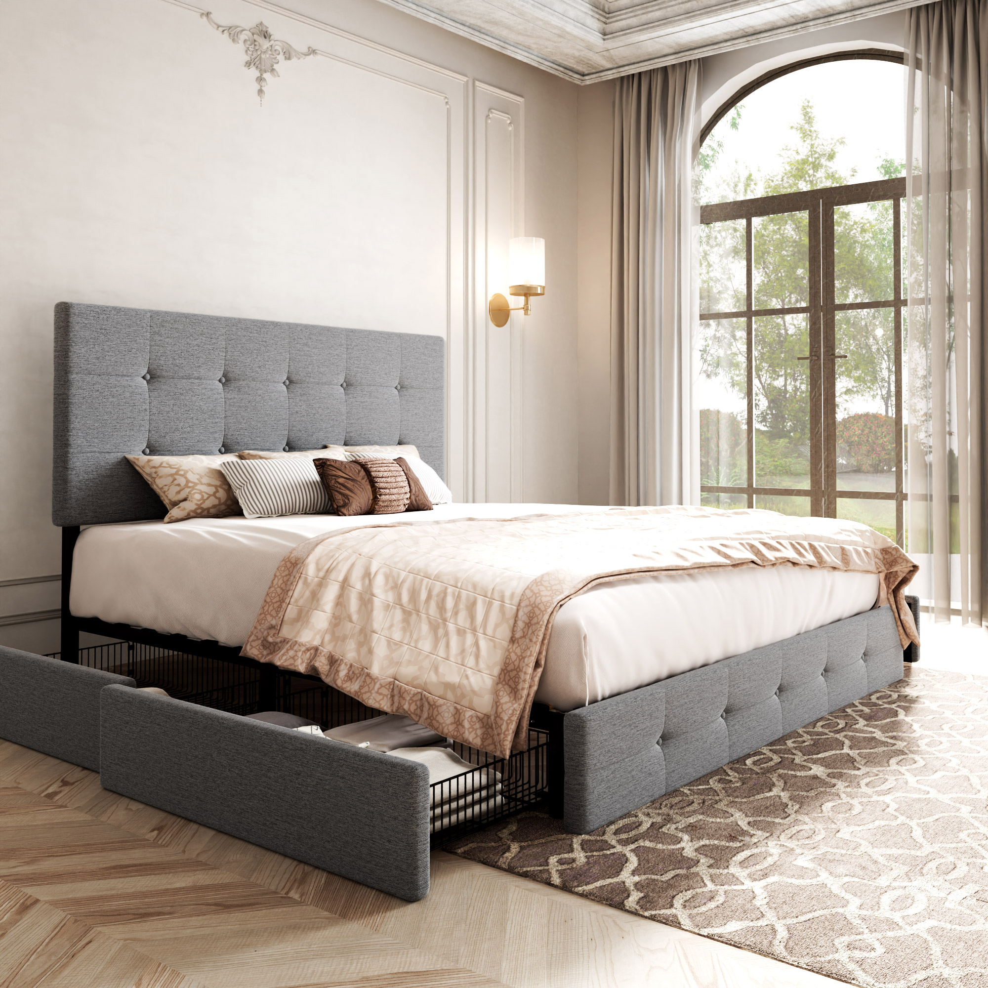 Allewie Light Grey Queen Platform Bed Frame with 4 Drawers Storage and Square Stitched Button Tufted Upholstered Headboard - image 1 of 8