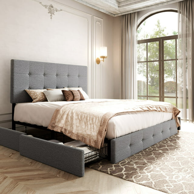 Allewie Light Grey Queen Platform Bed Frame with 4 Drawers Storage and Square Stitched Button Tufted Upholstered Headboard