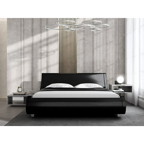 Allewie Low Profile Wave-Like Queen Size Platform Bed Frame with Leather Curved Adjustable Headboard, Glossy Black