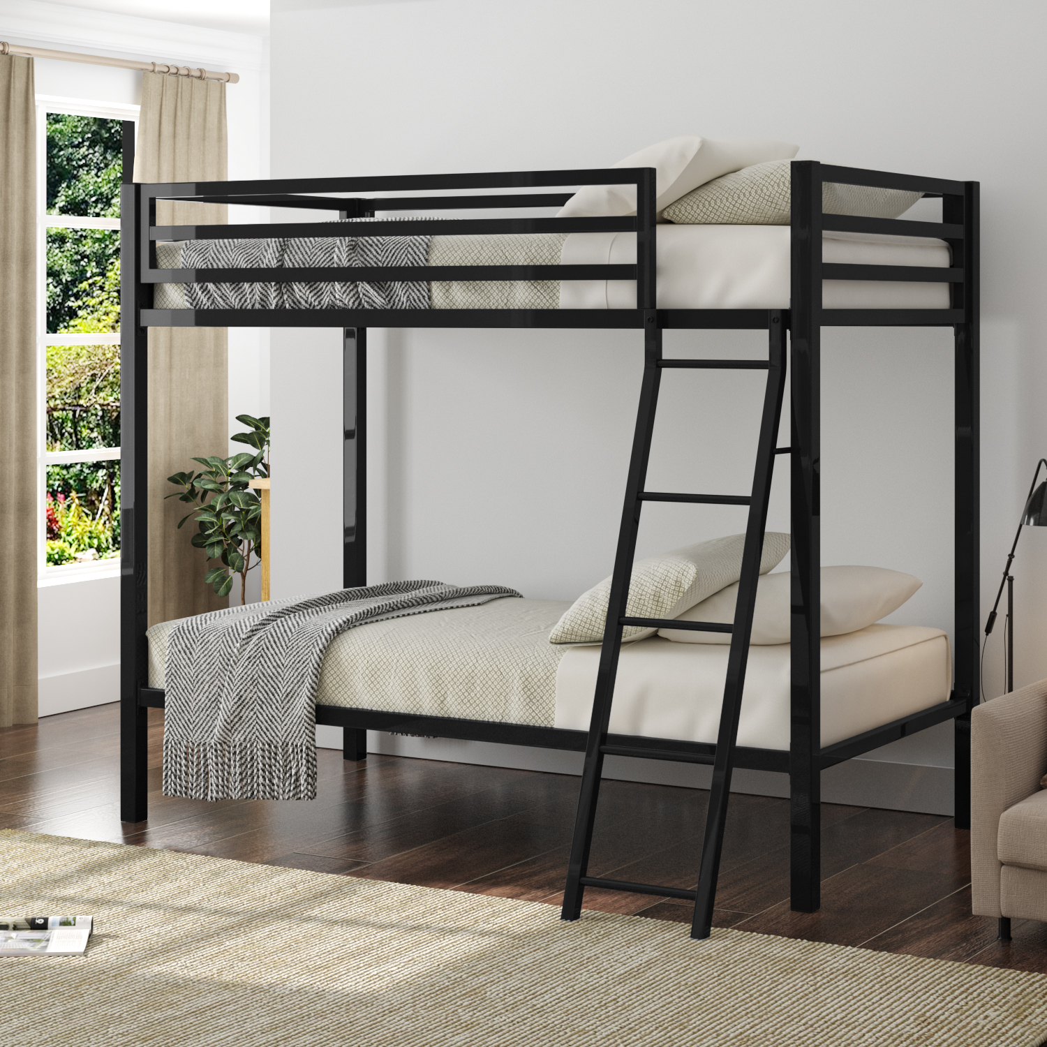 Richland Bunk Bed Twin over Twin with Twin Size Raised Panel Trundle Bed in Walnut