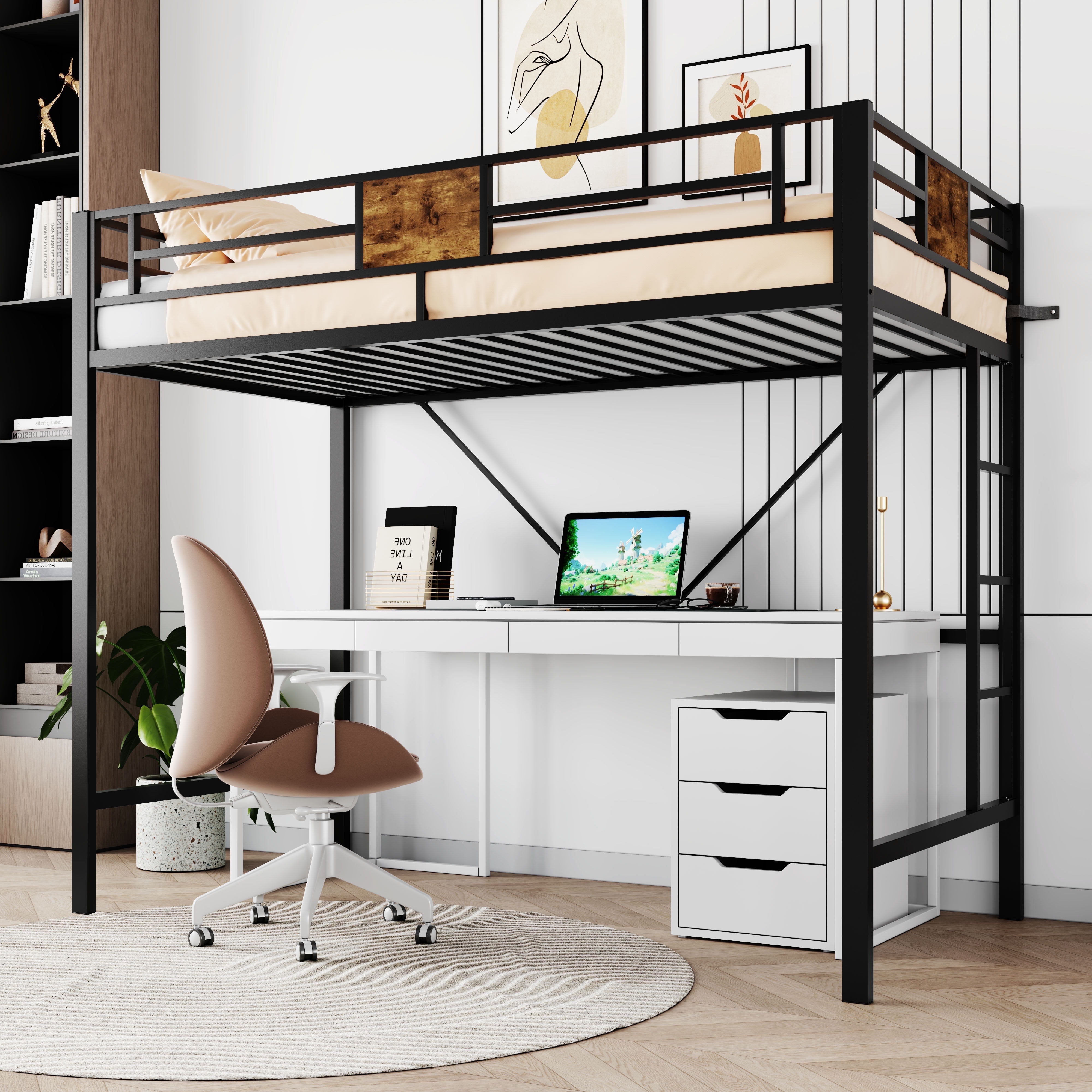 Twin Size Metal Loft Bed with Stairca...