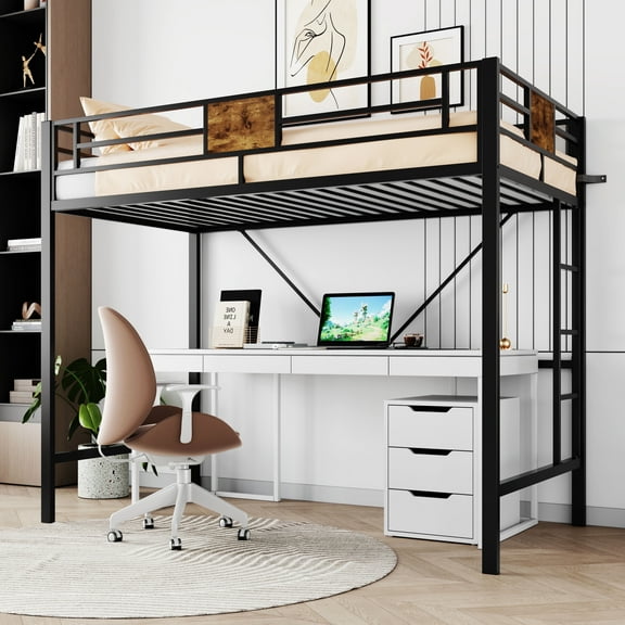 Allewie Metal Twin Size Loft Beds Frame with Stairs & Full-Length Guardrail, Space-Saving, Black