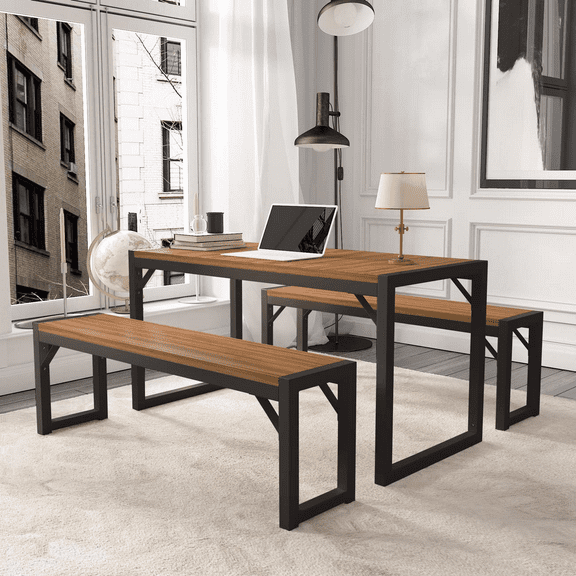 Allewie Modern 3-Piece Soho Dining/Kitchen Table Set with Benches, Sturdy Metal Frame and MDF Board