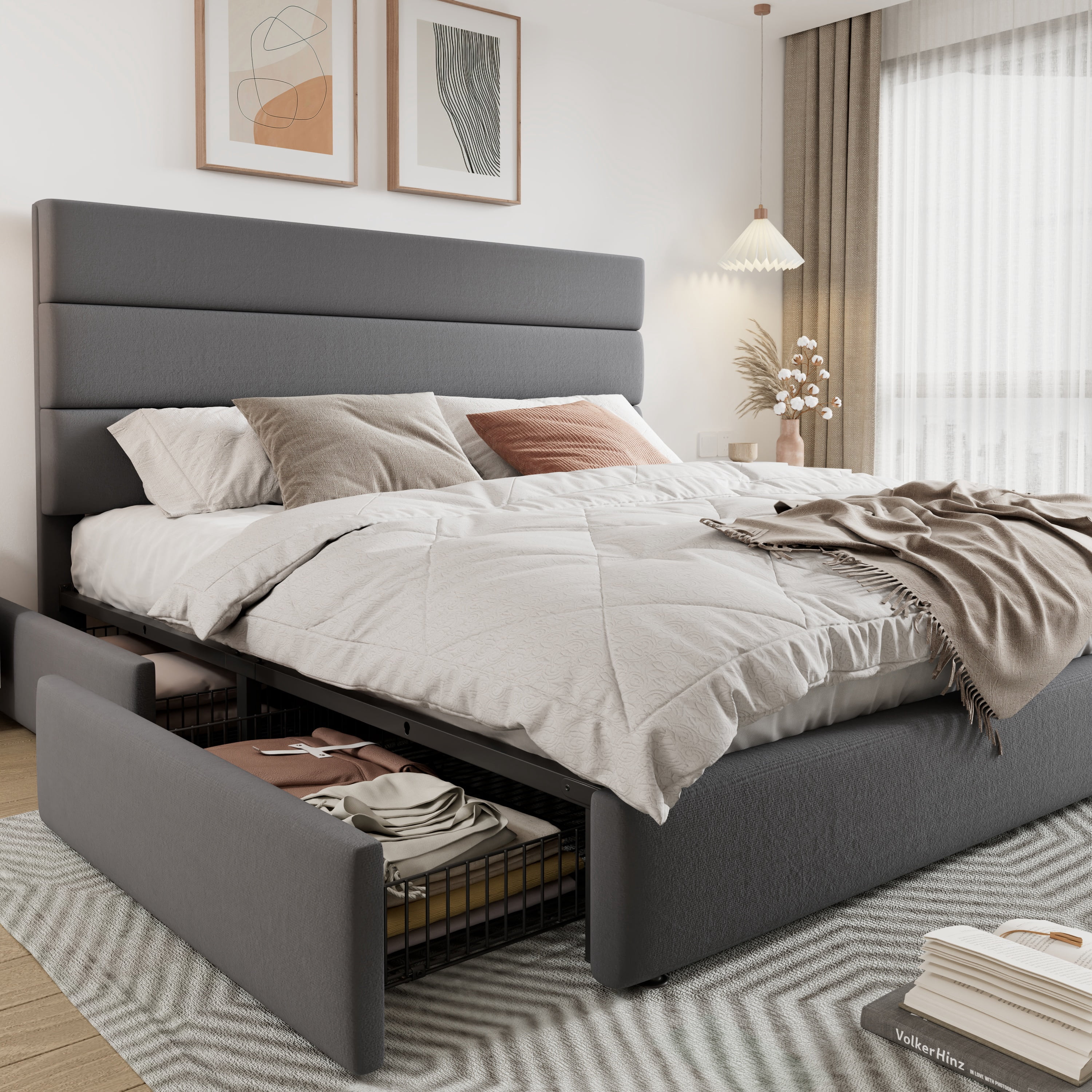 Allewie Modern King Size Platform Bed Frame with 4 Storage Drawers and ...