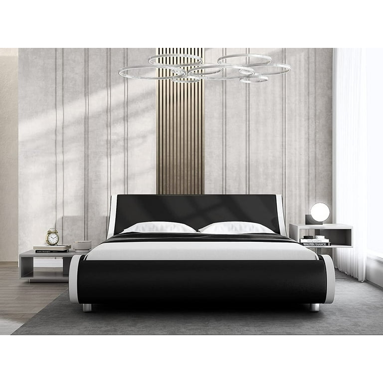 Allewie King Size Bed Frame Low Profile Wave Design Adjustable Leather Headboard Black White Walmart