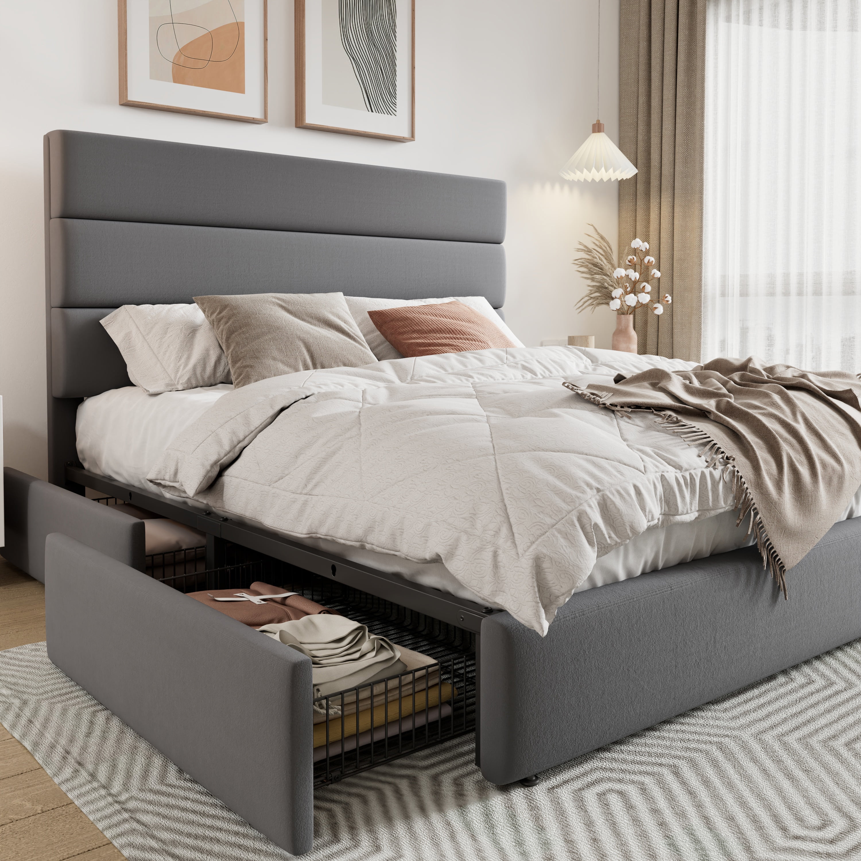 Allewie Modern Queen Size Platform Bed Frame with 4 Storage Drawers and Velvet Upholstered Headboard, Wooden Slats Support, Grey