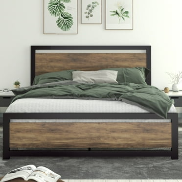 Allewie Queen Bed Frame, Metal Platform Bed Frame with Wooden Headboard, 12.4" Under-Bed Storage, Brown