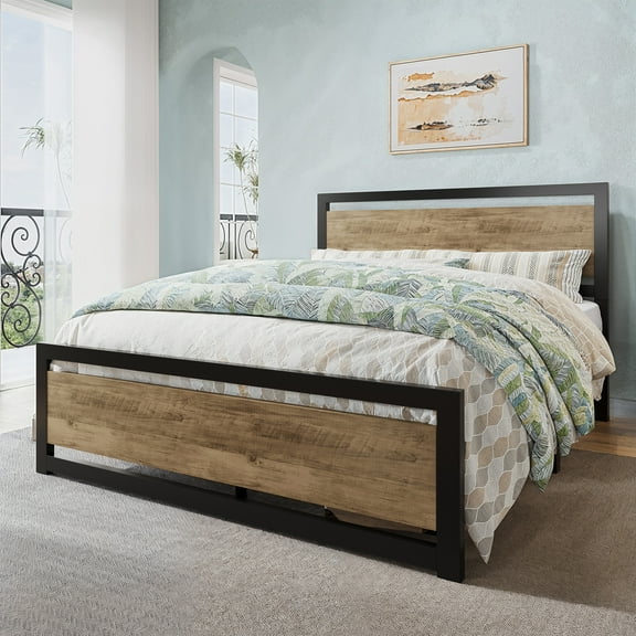 Allewie Queen Bed Frame, Metal Platform Bed Frame with Wooden Headboard, 12.4" Under-Bed Storage, Brown