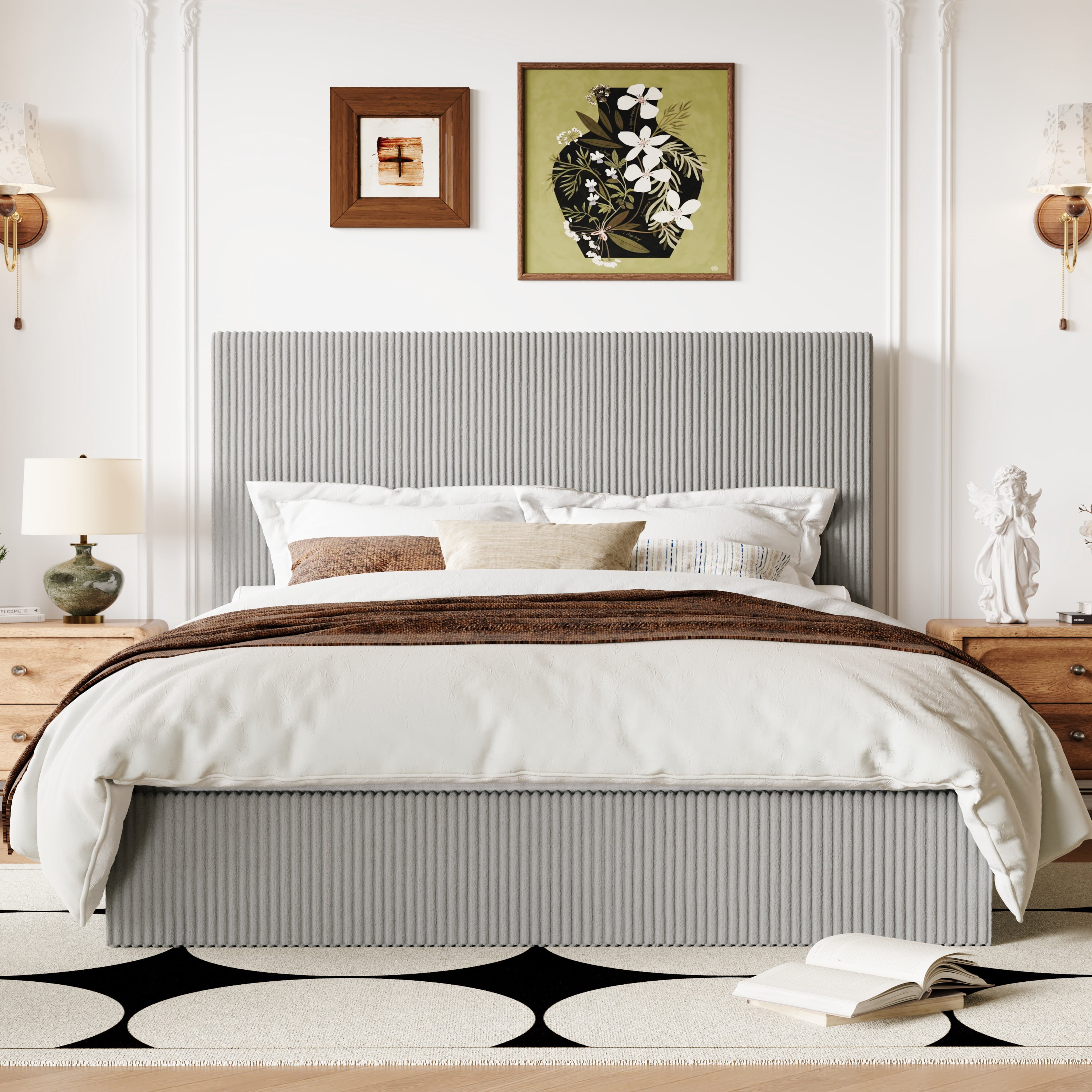 Allewie Queen Bed Frame, Upholstered Platform Bed, Adjustable Vertical Channel Tufted Headboard, Corduroy Fabric, Modern Low Profile, Wooden Slats, No Box Spring Needed, Easy Assembly, Light Grey