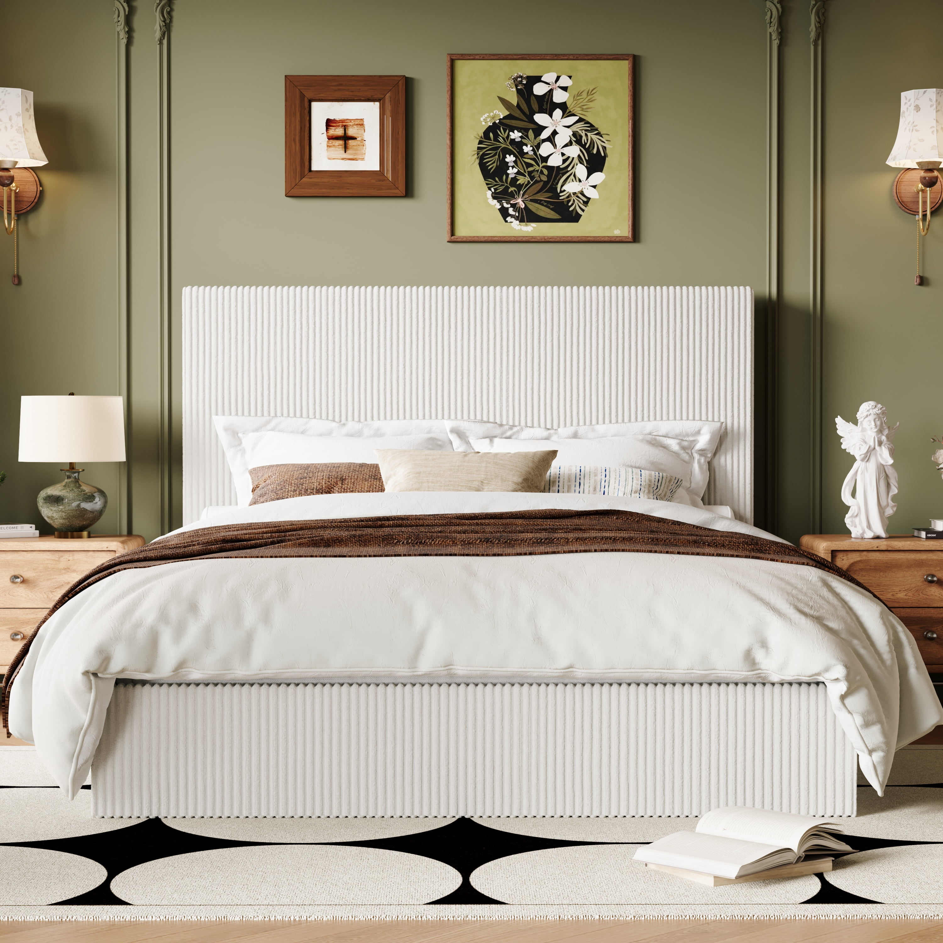Allewie Queen Bed Frame, Upholstered Platform Bed, Adjustable Vertical Channel Tufted Headboard, Corduroy Fabric, Modern Low Profile, Wooden Slats, No Box Spring Needed, Easy Assembly, White