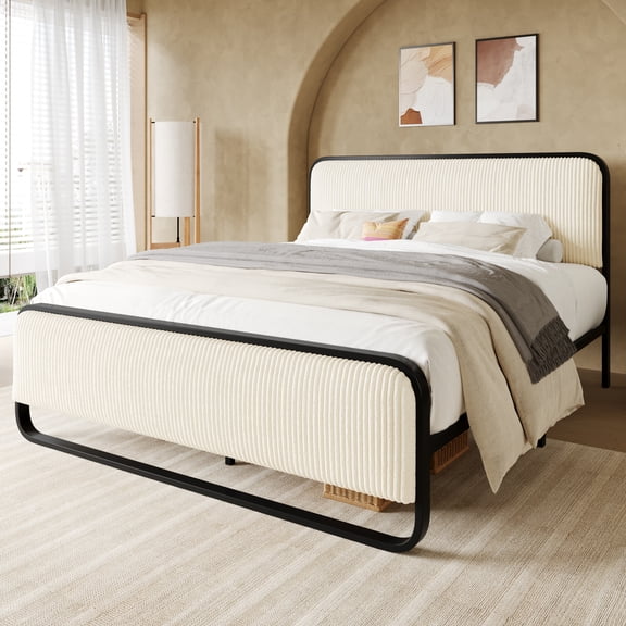 Allewie Queen Bed Frame, Upholstered Platform Bed with Velvet Curved Headboard and Footboard, No Box Spring Needed, 1000 LBS Capacity, Cream White