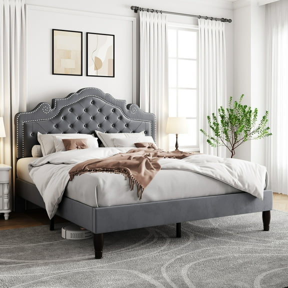 Allewie Queen Bed Frame, Velvet Tiara Upholstered Diamond Button Tufted Headboard, No Box Spring Needed, Gray