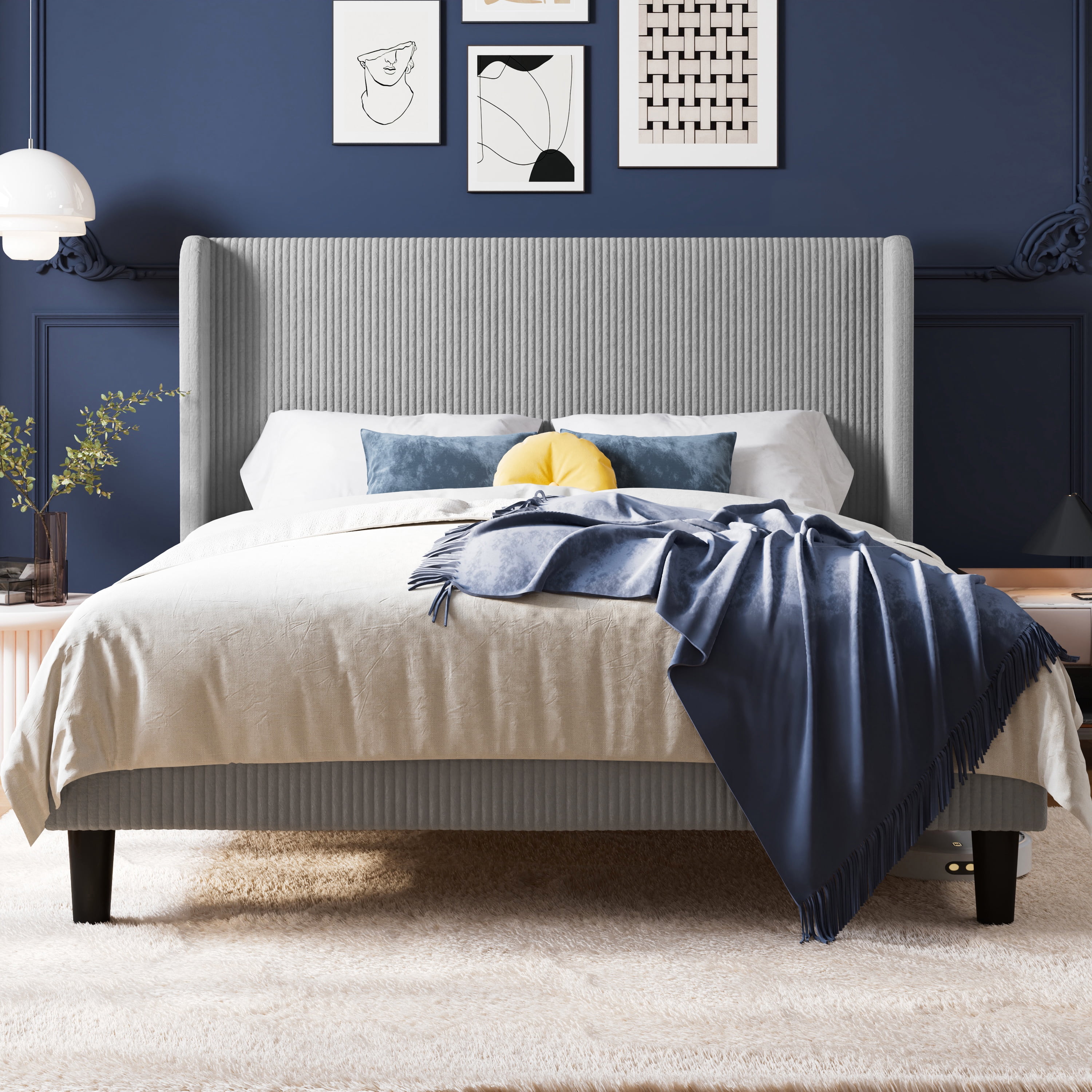 Allewie Queen Corduroy Upholstered Platform Bed Frame with Vertical Channel Tufted Wingback Headboard, 8" Under Bed Storage, Wooden Slats and Metal Frame Support, No Box Spring Needed, Light Gray