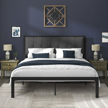 Allewie Queen Size Modern Metal Platform Bed Frame with Linen Fabric Button Tufted Headboard, Grey