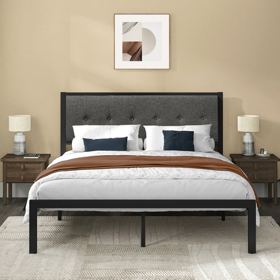 Allewie Queen Size Metal Platform Bed Frame with Linen Fabric Button Tufted Headboard, Under-Bed Storage, Grey