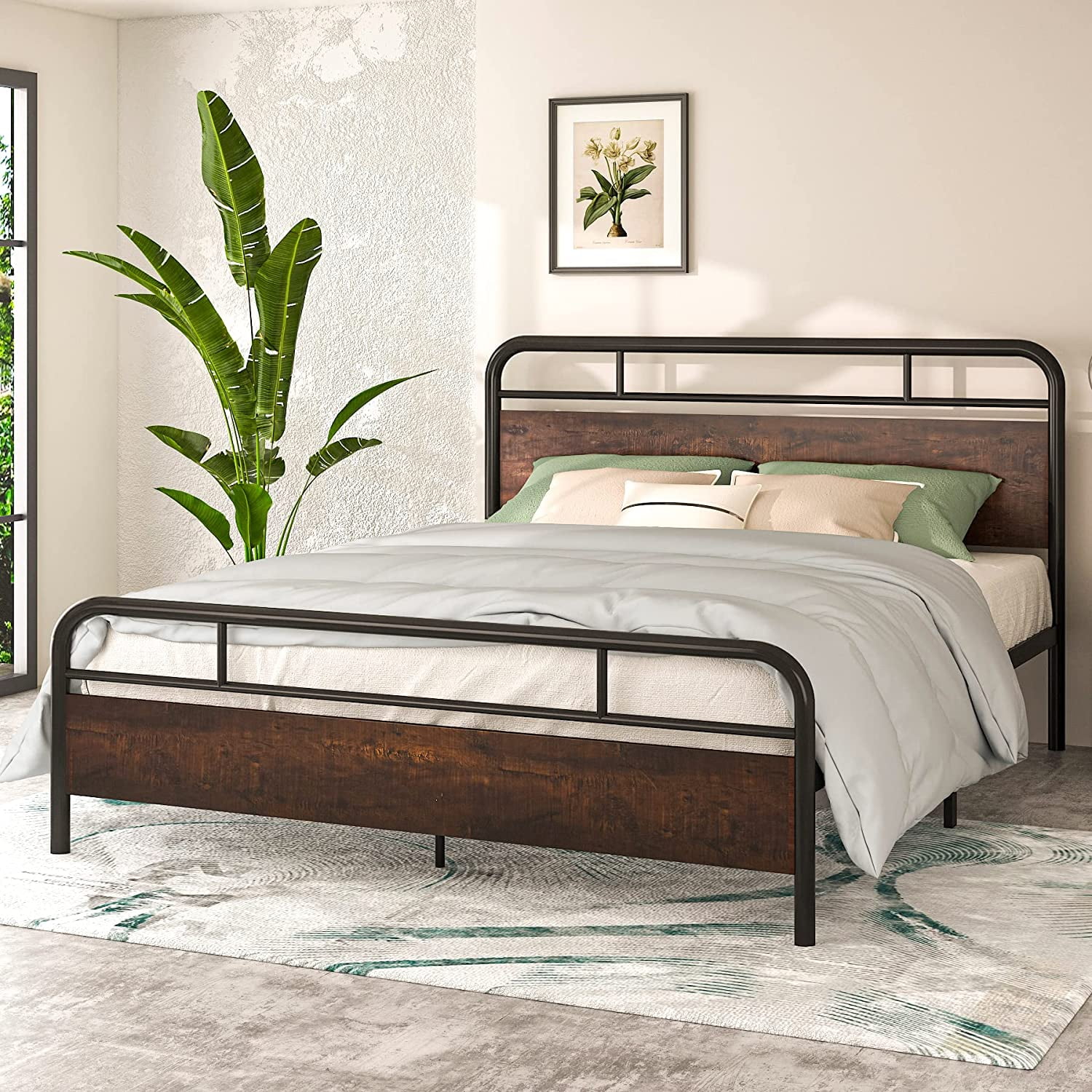 Allewie Queen Metal Platform Bed Frame with Wooden Headboard and Slats, Sanders