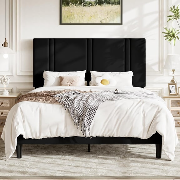 Allewie Queen Platform Bed Frame with Adjustable Headboard, Plush Velvet Upholstered, Vertical Channel Tufted, Sturdy Wooden Slats, No Box Spring Needed, Easy Assembly, Black