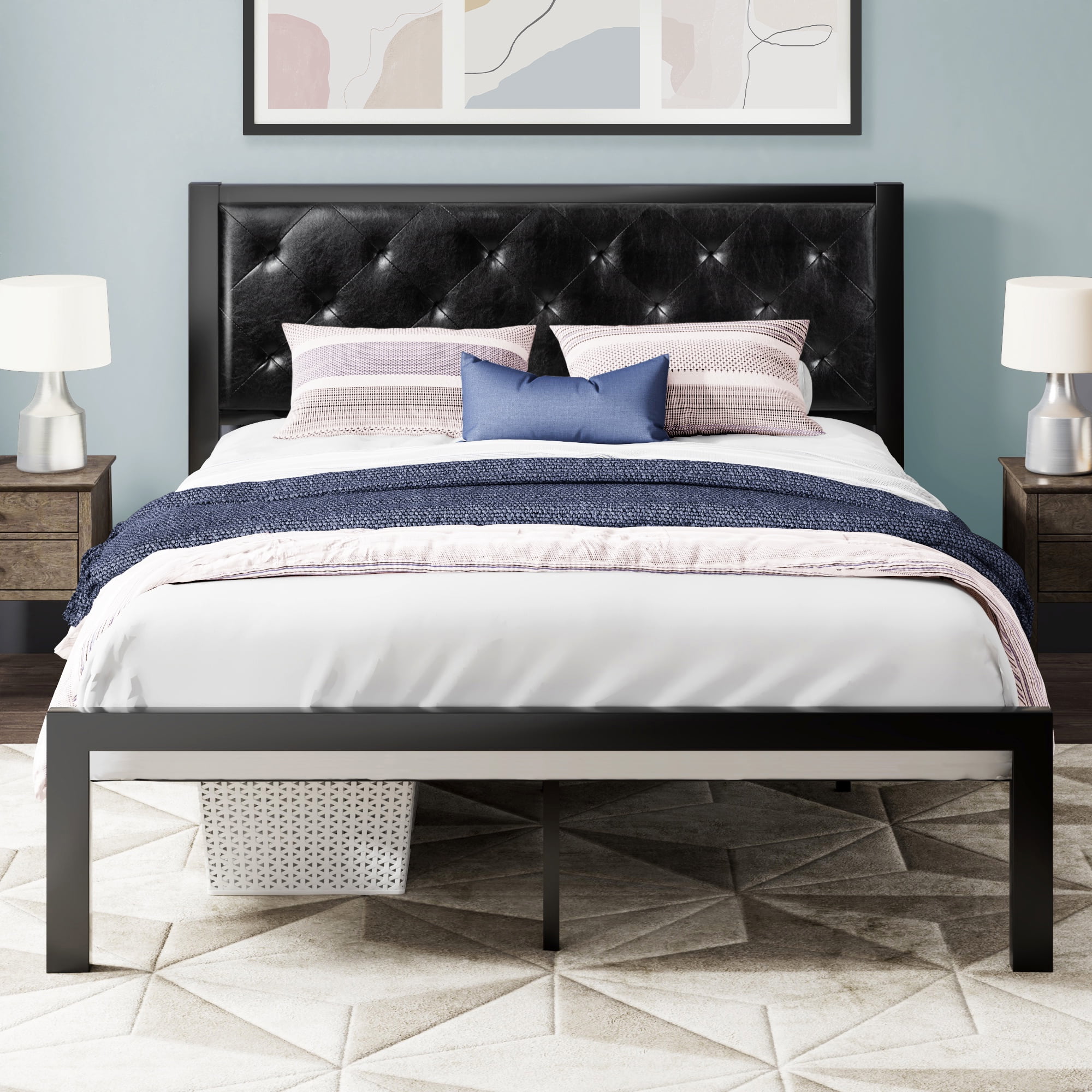 Allewie Queen Platform Bed Frame with Diamond Stitched Tufted Faux
