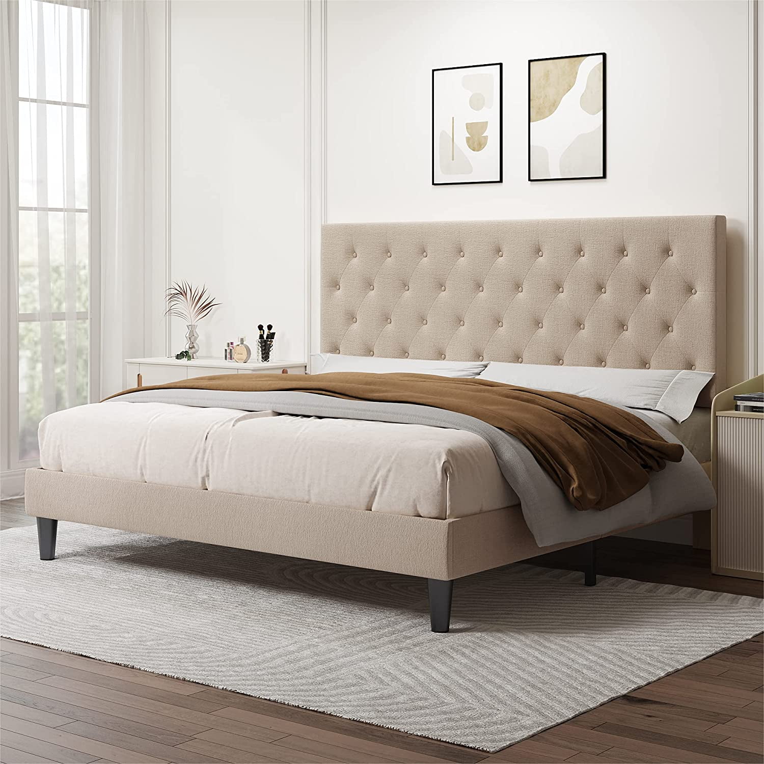 Allewie Queen Platform Bed Frame with Fabric Upholstered Diamond