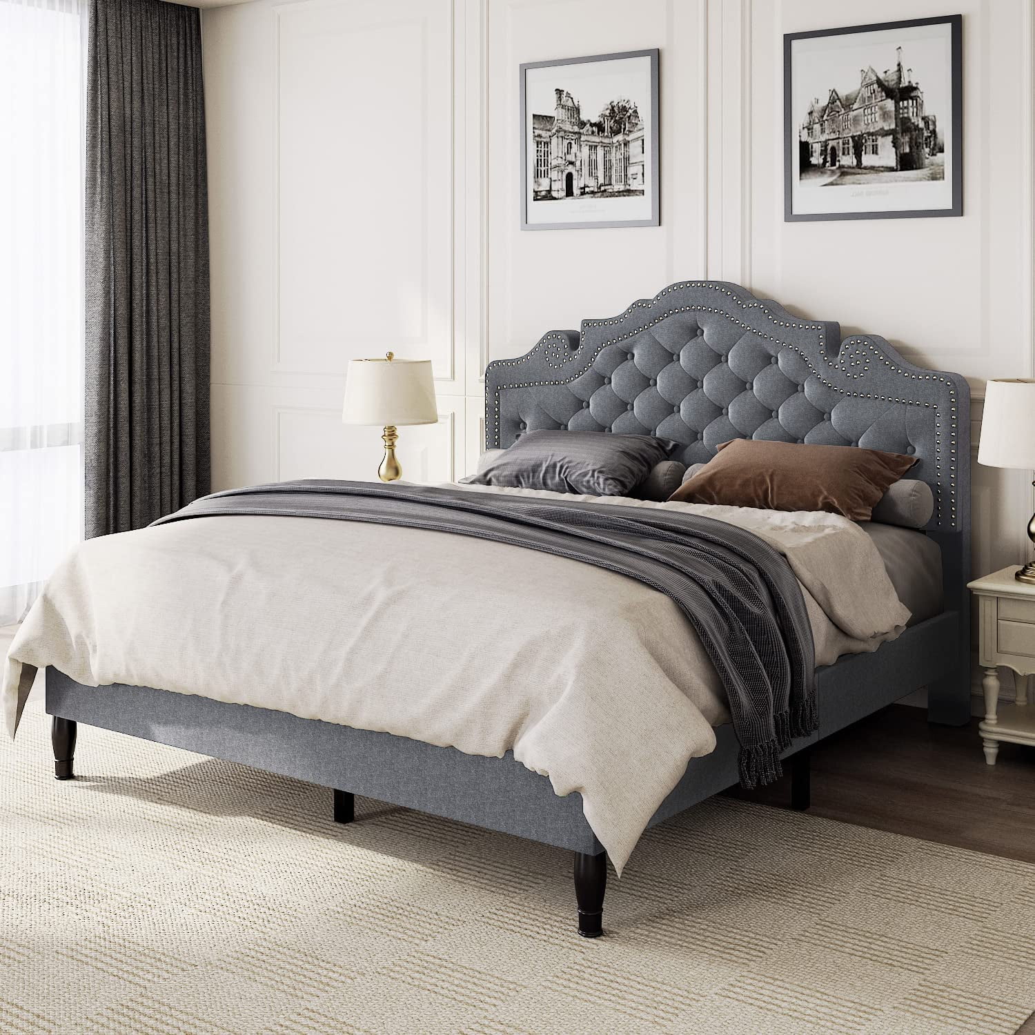 Allewie Full Size Platform Bed Frame with Fabric Upholstered Headboard,  Dark Grey 