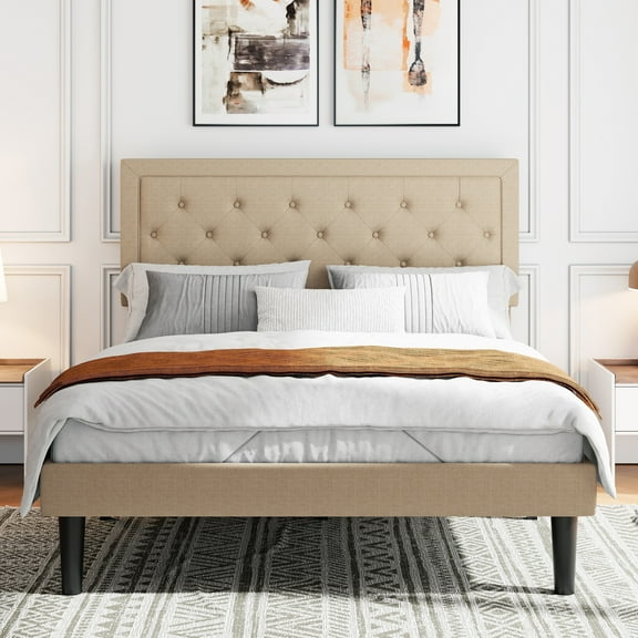 Sifurni Queen Bed Frame Upholstered Platform Bed with Adjustable Headboard, No Box Spring Needed, Beige