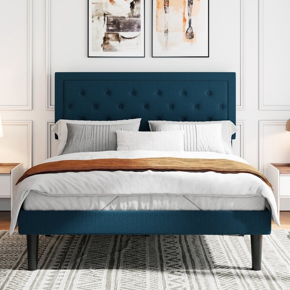 Sifurni Queen Bed Frame Upholstered Platform Bed with Adjustable Headboard, No Box Spring Needed, Blue