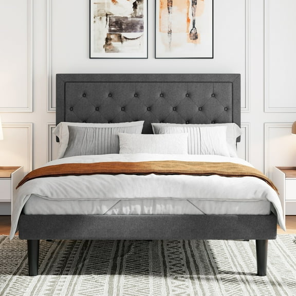 Sifurni Queen Bed Frame Upholstered Platform Bed with Adjustable Headboard, No Box Spring Needed, Deep Gray