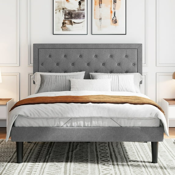 Sifurni Queen Bed Frame Upholstered Platform Bed with Adjustable Headboard, No Box Spring Needed, Light Gray